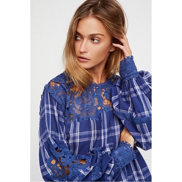 Free People Tops - FREE PEOPLE‎ DARLING DIANA BLUE PLAID AND LACE LONG SLEEVE TOP Boho Chic